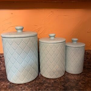 Set of Three Bluish Green Geometric Canisters